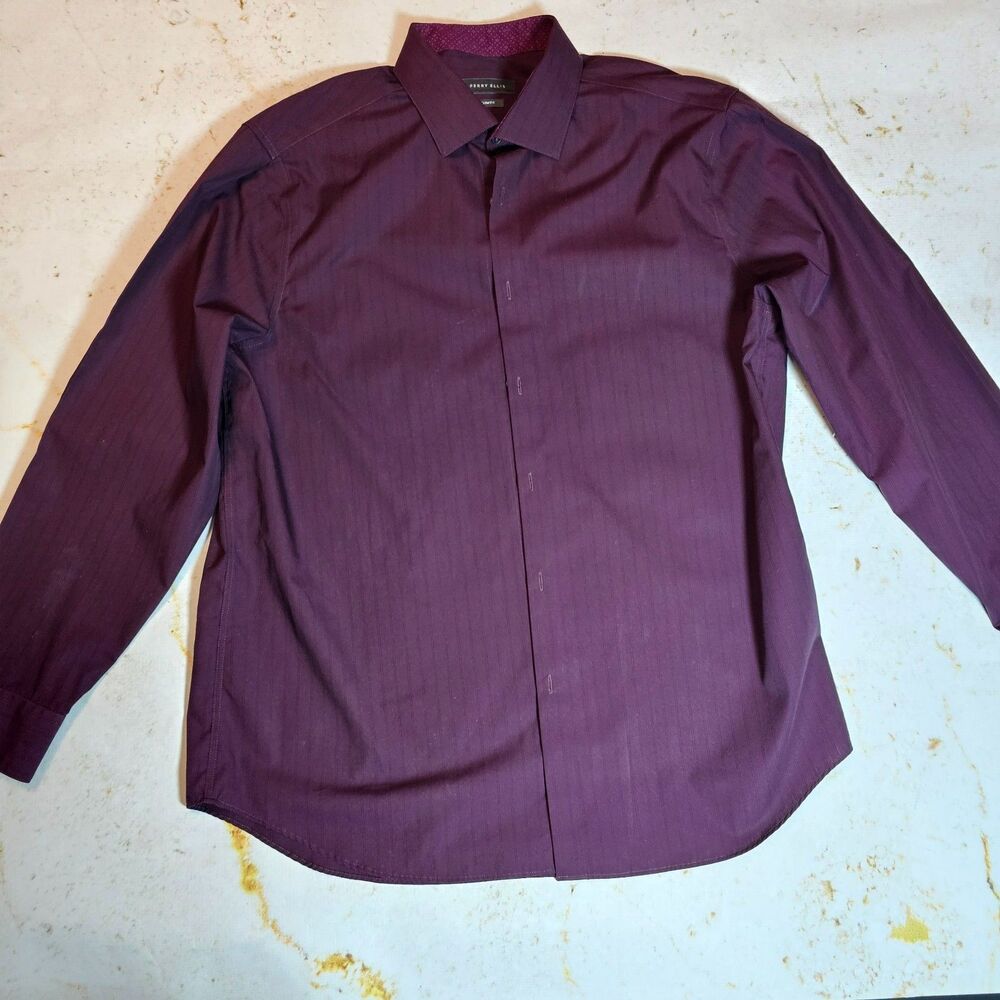 Perry Ellis Slim Fit 17 34/35 Burgundy Non Iron Dress Shirt EUC